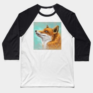 Painting of a Red Fox Looking to the Left with Turquoise Background Baseball T-Shirt